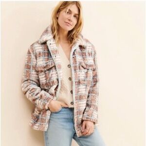 Hutch Womens Plaid Faux Fur‎ Shirt Jacket Brown Blue Shacket Oversized Soft Cozy